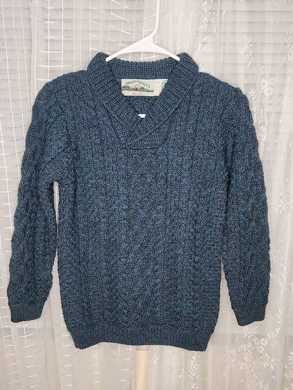 Kids Teal Aran Shawl Collar Jumper 100% Merino Wool Big Kids Sz8-11